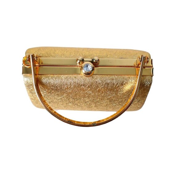 Vintage Gold Lame Pillbox Purse Rhinstone Clasp - Picture 3 of 7